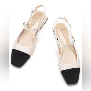 NIB Women's C. Paravano Black and White Lambskin Leather Slingback Flats